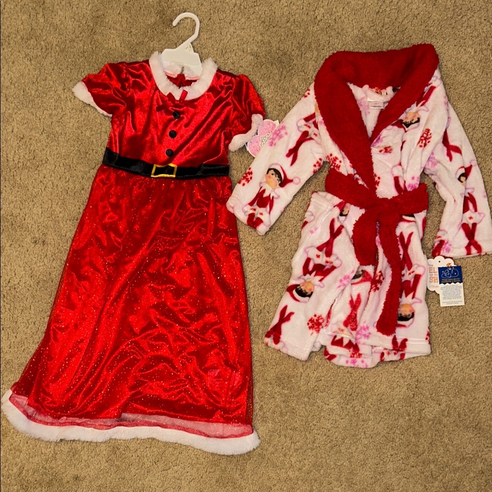 Red Santa Dress and Pink Elf on the Shelf Robe Set